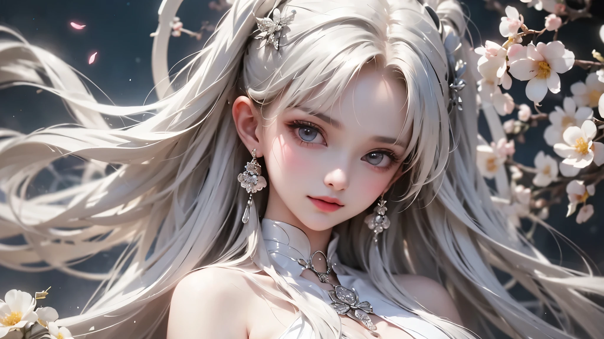 Black and White Color Schemes , Sexy Girl Working At A Flower Shop ,beautiful , small,Silvery Curly Hair、portrait、Upper body above lower back、valley
