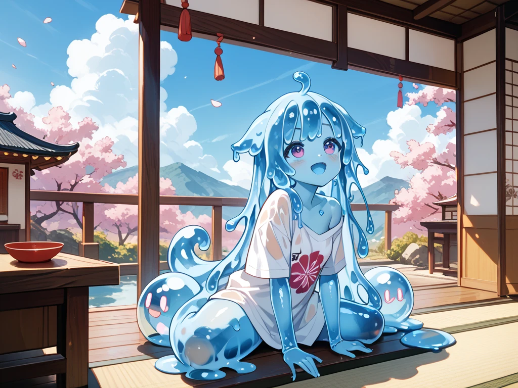 1. Slug Girl, transparent skin, translucent body, Foxtail, the pose is standing backwards, blue body. with a beautiful face, HDR, Excellent quality, ssmile, woods