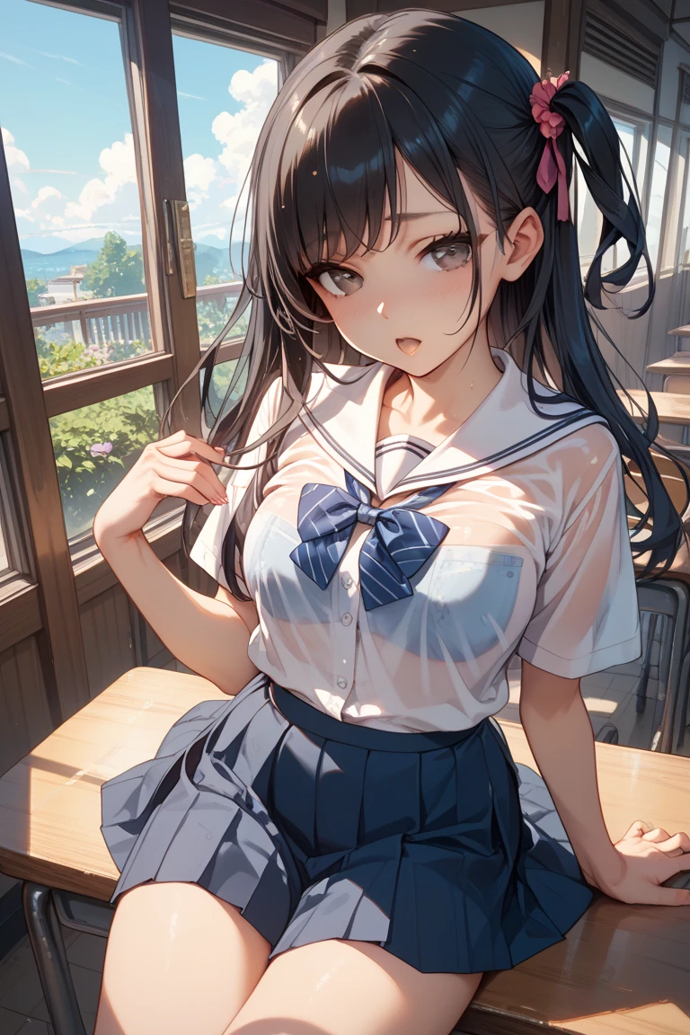 (1 person、solo), Beautiful woman, High definition beautiful black eyes、Anatomically perfect body, (Slender)、(High school girls), (Sailor suit, Pleated skirt), (Pussy juice:1.2), (Look down:1.2), (Embrace your chest:1.2)、Leaning forward、16 years old、(highest quality)、Black Hair, (half updo), classroom、(8k, High resolution)、(shy:1.4)、Mid-chest, (steam:1.1), (embarrassed:1.3), show off nipples under shirt、(wide shot), (Inner thighs)