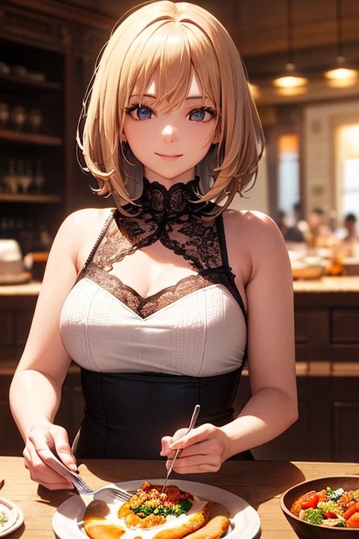 masterpiece, absurdres, best quality, ultra detailed, high Resolution, detailed illustration, extremely beautiful detailed face and eyes, bright colour, 1girl, cute face, Delicate beautiful face, yellow eyes, cute eyes, sparkling eyes, big eyes, medium breasts, (perky breasts:1.1), (pointy breasts:1.1), medium hips, glamorous body, white skin, smile, BREAK, long bob cut, (blonde hair:0.8), messy hair, detailed hair, shiny hair, BREAK long skirt, tiny ribbon, restaurant, shortcake, real world, natural lights, perfect lighting, 