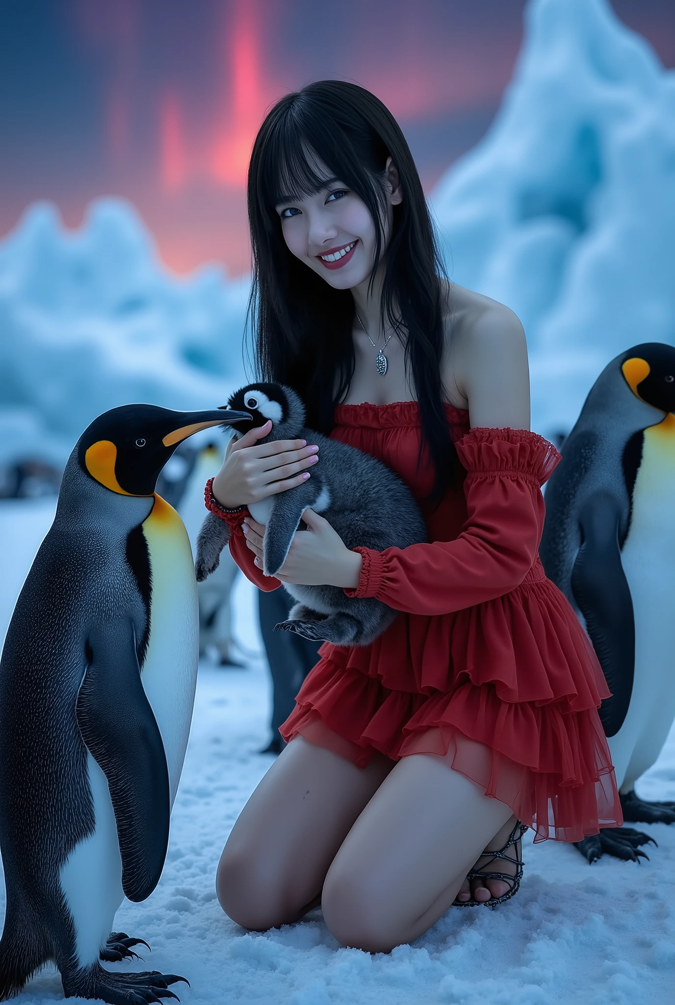 Create a portrait of a stunning Japanese female singer. She has a slender physique, small breasts, and thin legs. Her long hair features bangs, and she wears a red Gothic-style mini dress complemented by Gothic makeup. The scene captures her smiling while holding a baby penguin beside adult penguins, all illuminated by a spotlight. The background showcases majestic Antarctic icebergs and a vibrant aurora. The angle should be dynamic to enhance the visual impact.