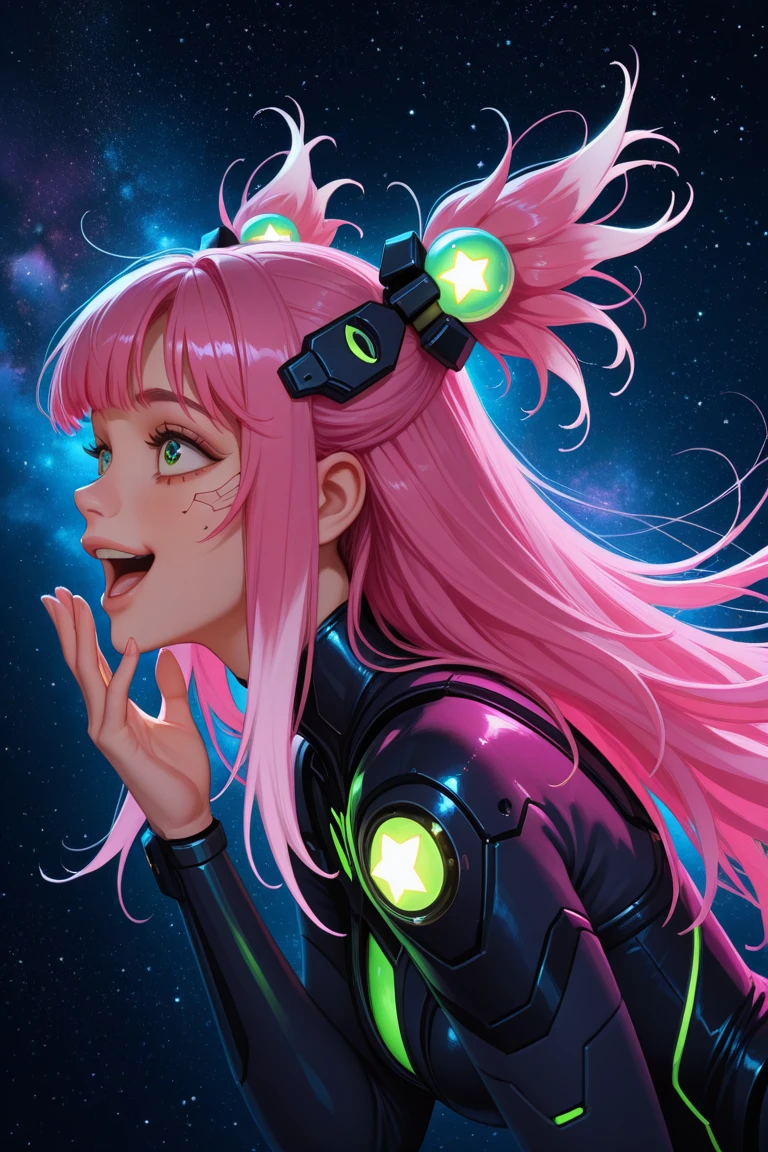 combined hair half pink and half white,  , Long Hair, messy fringe tips,beautiful,  green eyes, joyful expression, open-mouthed , floating in space,  big eyes, neon costume ornaments, happy eyes, cyberpunk magical girl outfit ,  ultra quality ,    great detail,   detailed scenario  ,   pretty face, beautiful,  with low lighting , neon contrasts ,  darkness, arnés táctico ,looking at the spectator, a hand raised to the spectator,  side view, stars in the background