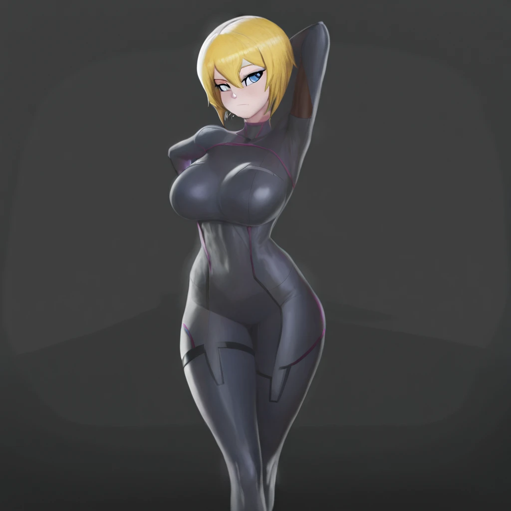 1 girl,punch hands,Black tight suit,blush,Serious face,blue eyes,Blonde,ponytail,Standing,Large Breasts,clenched fist