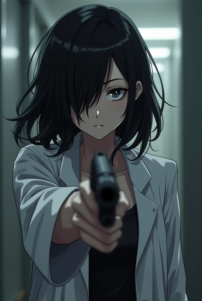 Anime scene, 1girl, high girl holding a gun to her head, boring face