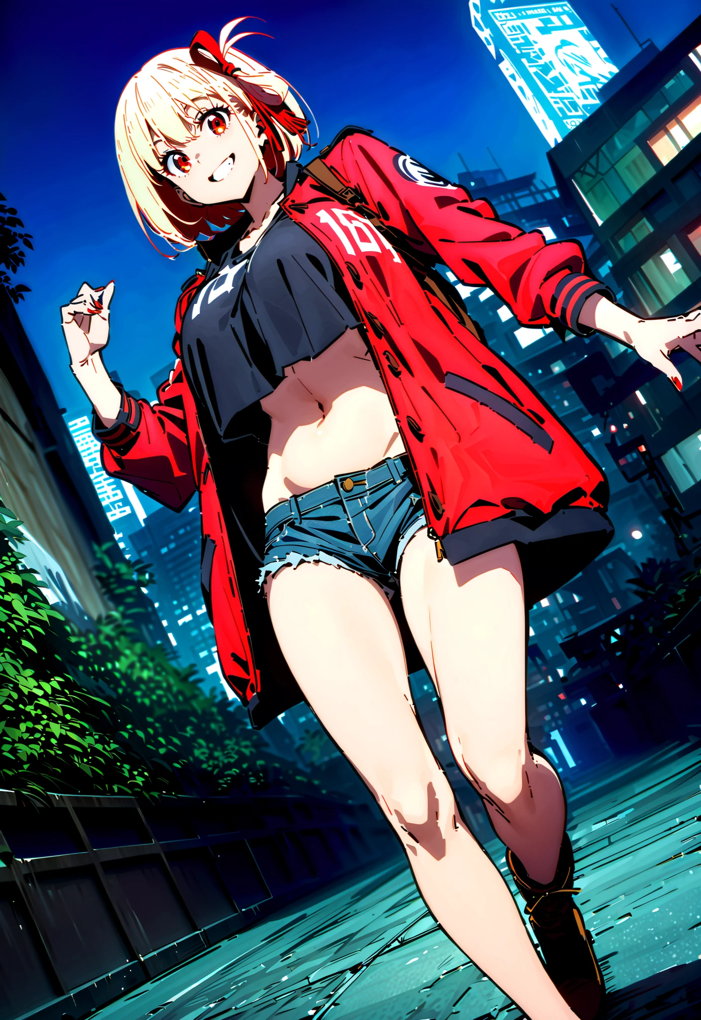 score_9, score_8_up, score_7_up, source_anime,
Nishiki Shiho , Nishikidi Chisato , short hair, bungs, Gold, Red Eyes, hair ribbon, one side up, bob cut,smile, grin ,Big Breasts,riders jacket,tank top on the back,under boob,belly button stick,Denim Micro Shorts,Bare legs,boots,Nōn,building,night,I have my hands in my jacket pockets,standing,angle from below,full bodyがillustrationsに入るように,break outdoors,City,
break looking at viewer,full body,
break (masterpiece:1.2), of the best quality, high resolution, Unity 8k 壁紙, (illustrations:0.8), (beautiful detailed eyes:1.6), Very Detailed Faces, so that it fits into the illustration, Extremely Detailed CG, (perfect hand, Perfect Anatomy),
