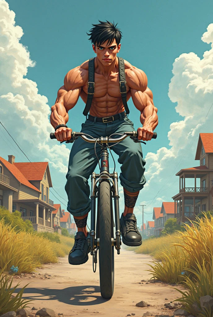 NSFW ,32k, high quality  40 years old (((STEPHEN AMELL))) standing near his (((BIKE))), posing in a street ,(((shirtless))) standing with spread legs, showing his muscles and bulge, shirtless wearing a vintage jeans  with brown belt and boots , background brick wall with men health posters