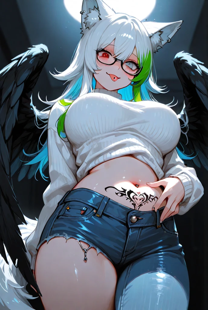 ((best quality)), ((highly detailed)), masterpiece, (detailed eyes, deep eyes), (1girl), (glasses), <lora:hairdetailer:.7>, ((fallen angel)), (purple halo), (feathered wings), symmetrical wings, (tail), (horns), (freckles), hourglass figure, medium breasts, <lora:tattoo_lora01:.9>, intricate (tattoos:1.33), (glowing tattoos), tattoo on ass, (seductive smile, seductive pose, seductive expression, grin), revealing clothes, in a shower, <lora:showerv2:.8>, ((completely nude)), boobglass, nipples, steam, water drop, wet hair, soap bubbles