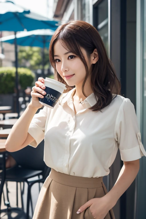 White blouse holding instant coffee smile flare skirt Long Hair smile