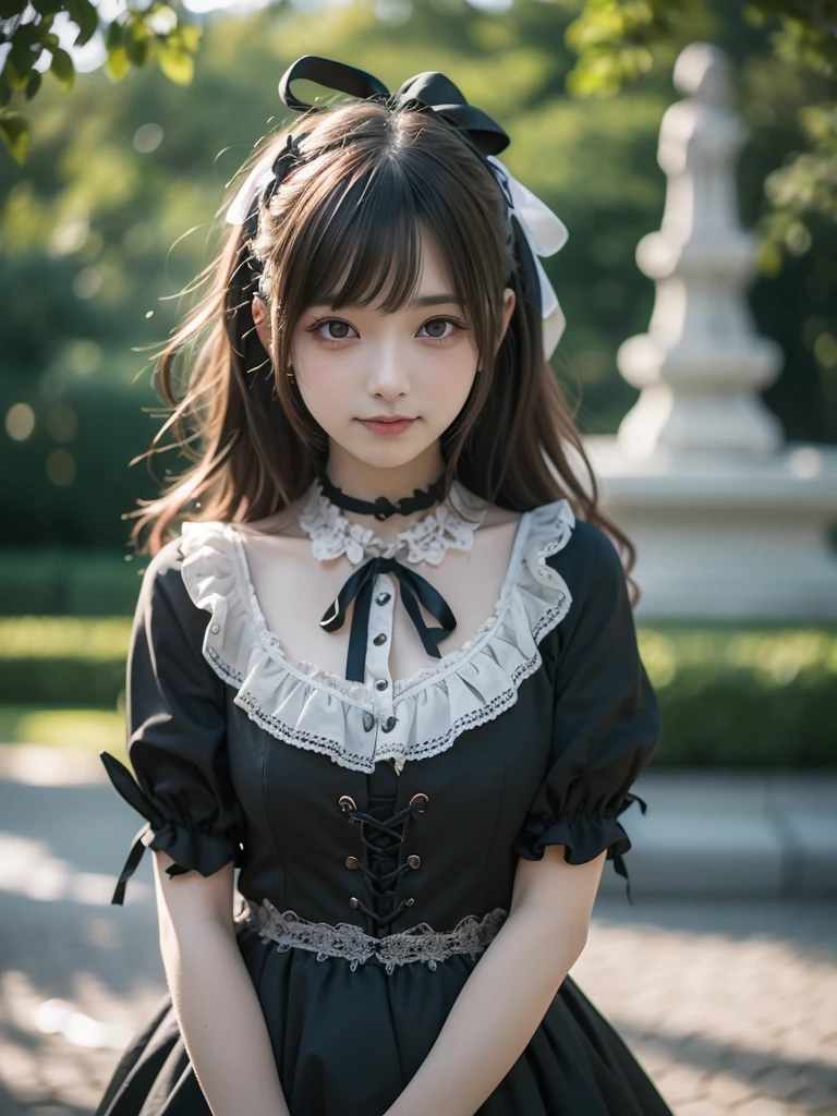 1girl, 12 years old, Famous idol, 1cute girl, very young face, masterpiece, high quality, small face, （very small tits:1.8）Gothic lolita fashion style, dramatic angle:1.4, Stroll around town,half smile:0.5, 