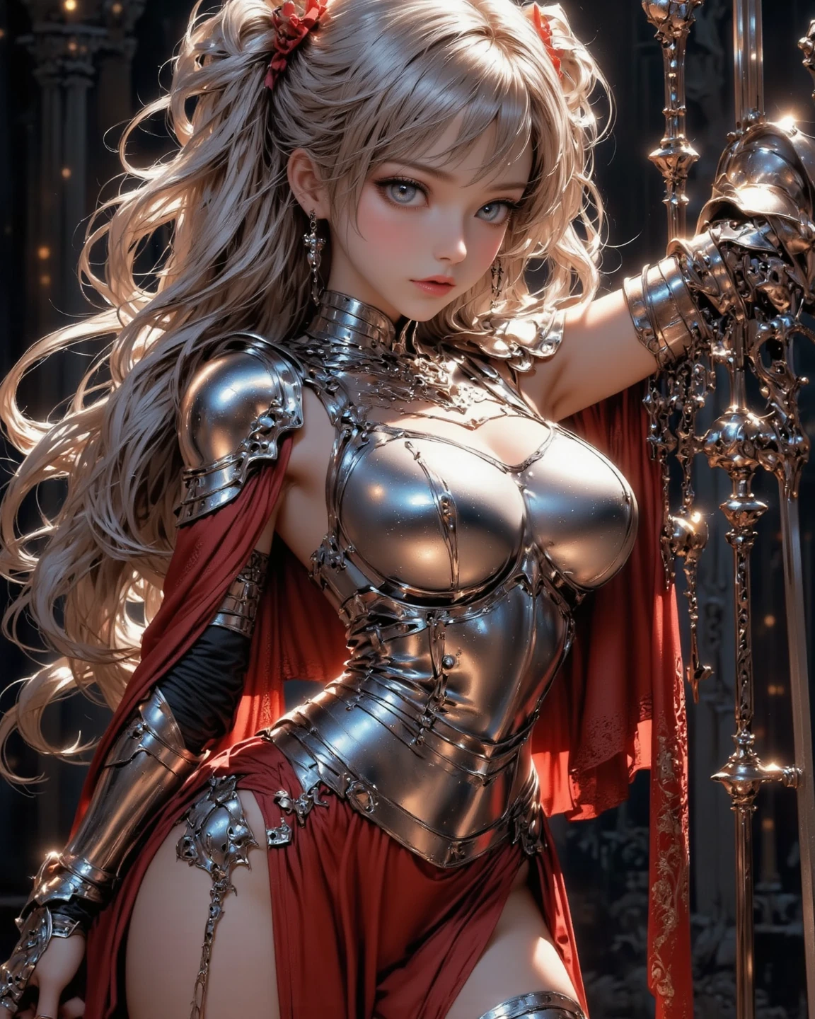 Liquid Metal mimics a human woman、Half Body Portrait、In the dungeon