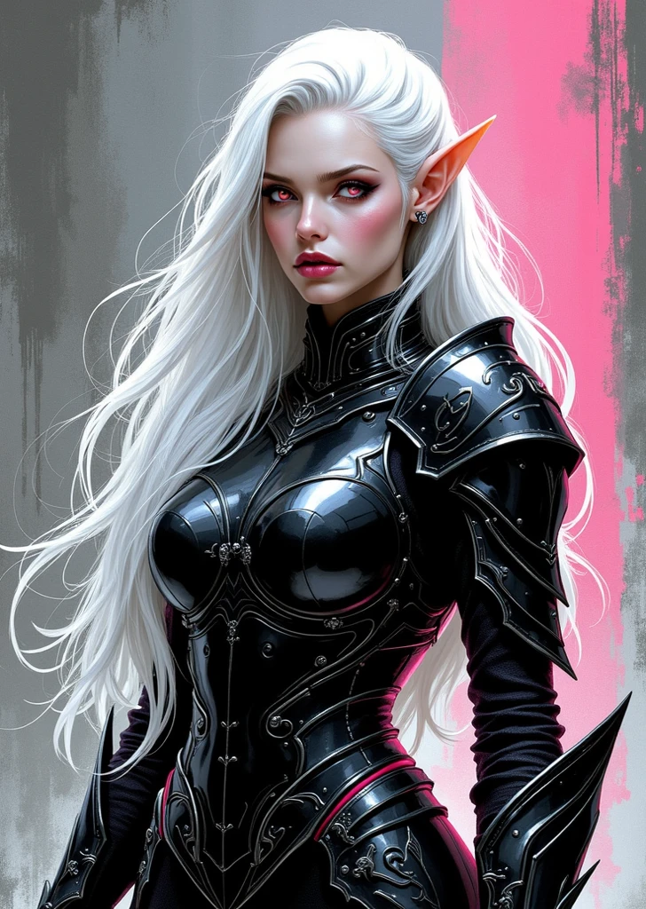 In black and white create a woman wearing medieval armor all over her body. Your hair is long, on top they are black and the tips are white. Your skin is not olive tone, She has pointy ears and red eyes.. She has a crown of stars on her head and a small, discreet half moon tattoo.