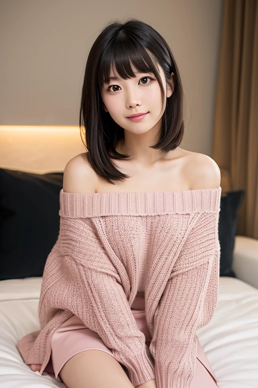 highest quality, JPG images、A cute beauty like a model、Sit on the bed、Cream colored sweater, Open clothes, Very off-the-shoulder, Her upper chest was clearly visible, Layer haircuts , Light pink background