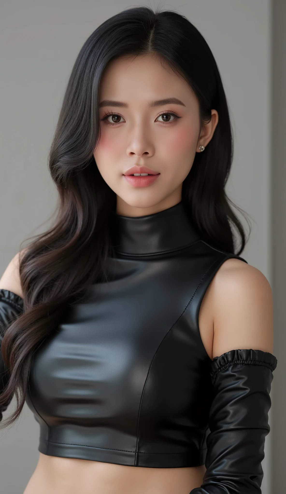 ((masterpiece, highest quality, Highest image quality, High resolution, photorealistic, Raw photo, Extremely detailed CG unified 8k wallpaper)), 1girl, solo, beautiful young woman, 20yo, realistic skin texture, shiny skin, office, turtleneck,perfect body, natural huge breasts, smug look, upper body, armpit
