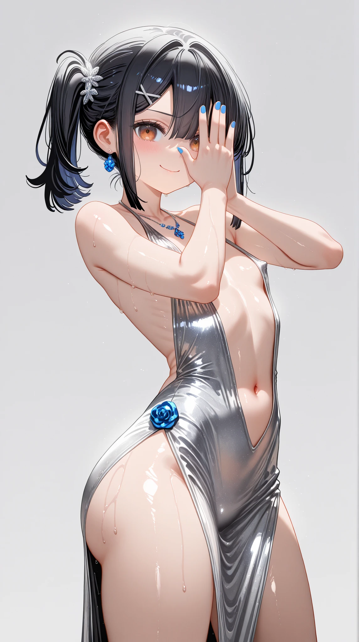 (Light blue camisole Gravure Pose Taking off your panties and provoking Clearly show genitals Very detailed down to the smallest detail clear outlines Beautiful face Beautiful skin) thin-waist A slender ribbed skinny limbs teats cleavage of the breast Beautiful breasts a short bob Uterine mouth Beautiful fingertips Pink Nails Anime style