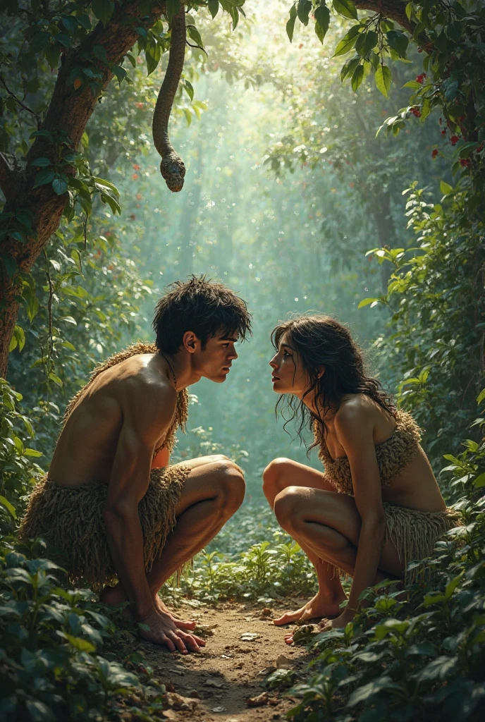A scene from the Garden of Eden, where Adam and Eve are portrayed in their innocence, surrounded by lush and serene nature. A winding serpent approaches them, his cunning and deceptive expression, as the shadows of intrigue begin to form around.