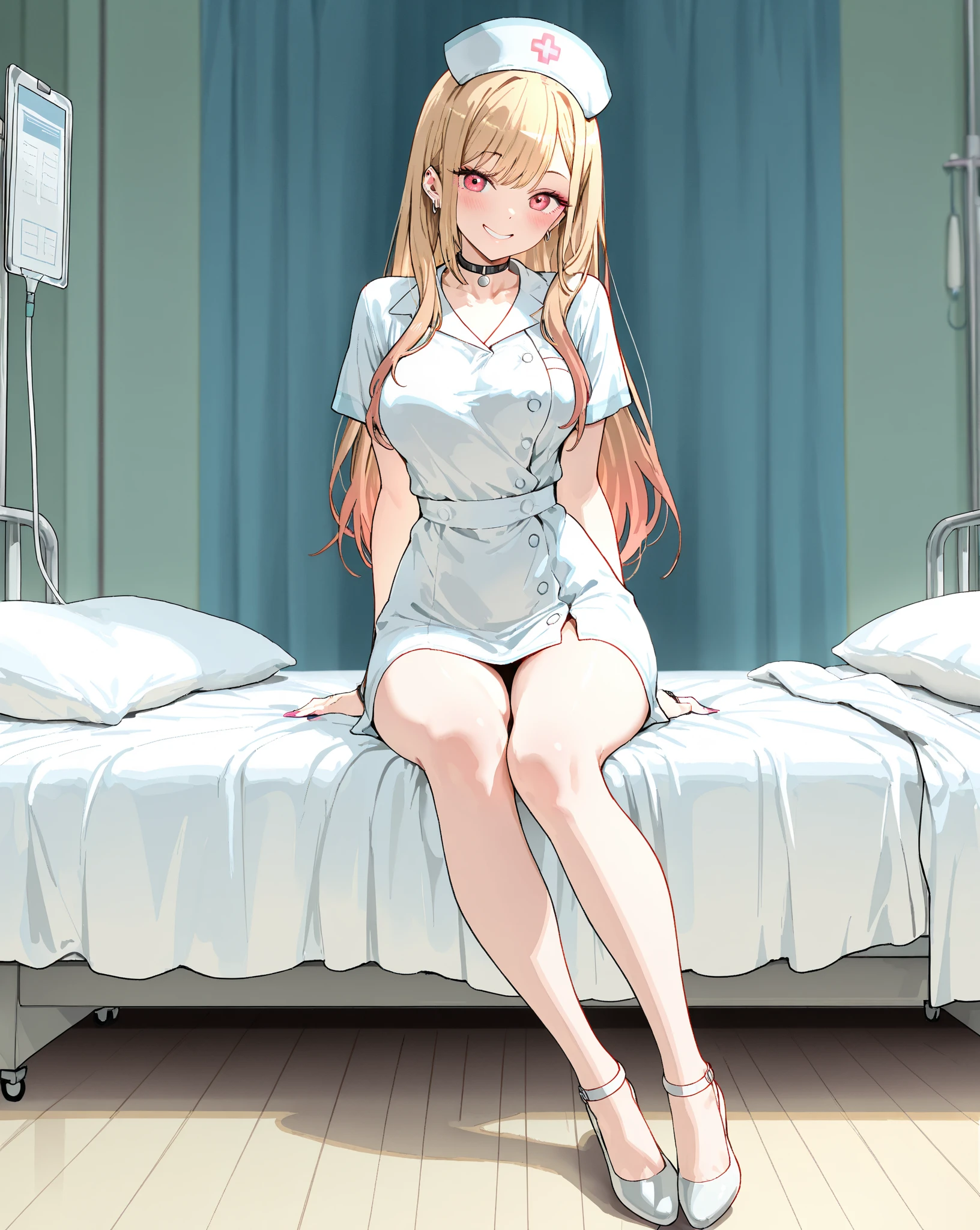 infirmary, curtains, 1girl, nurse, white dress,, masterpiece, best quality, highly detailed