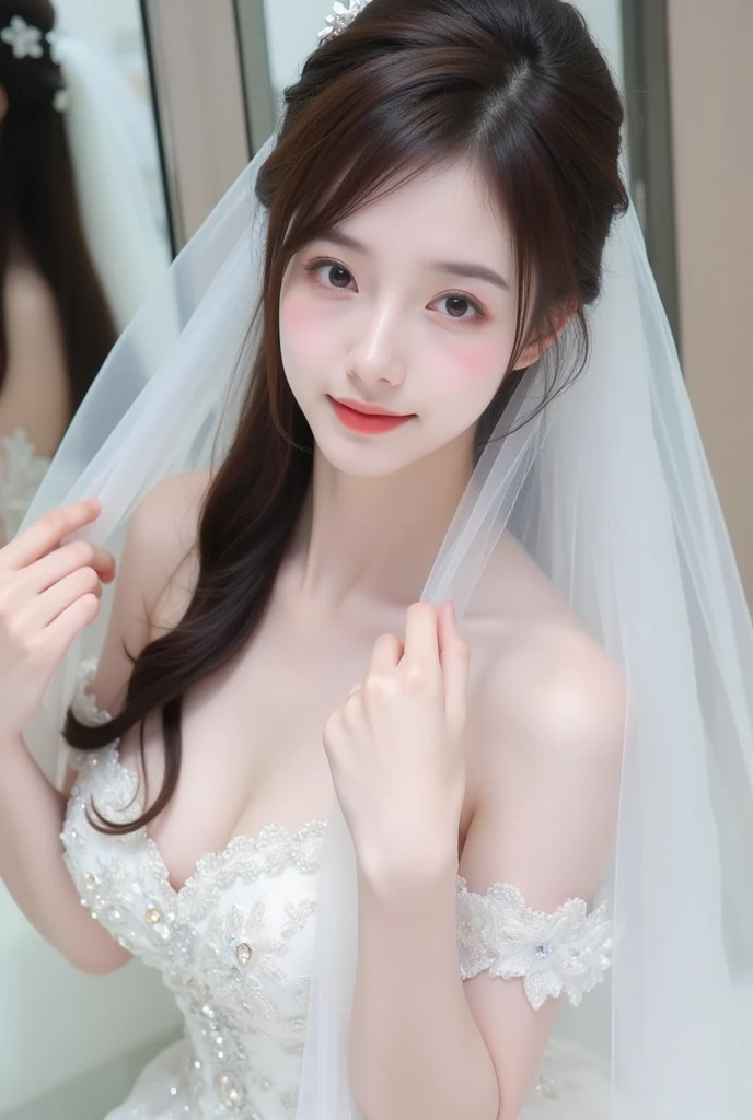 (Best Quality, masutepiece:1.2), (Realistic:1.3), (hyper detailed background, Detailed background), Bokeh,Shooting from the side, ((huge-breasted)), (((chest protrudes from clothes:1.3))), (Princess Line Wedding Dresses:1.3), (((handjob、fellatio、from above、open mouth、kneeling、licking large penis 、pojecile cum、facial)))、Bridal tiara, Bridal Veil, bridal gauntlets, Upper body, Beautiful Wedding Venue, Teenage, Cute,Smiling, (((gleaming skin、oil wet skin)))