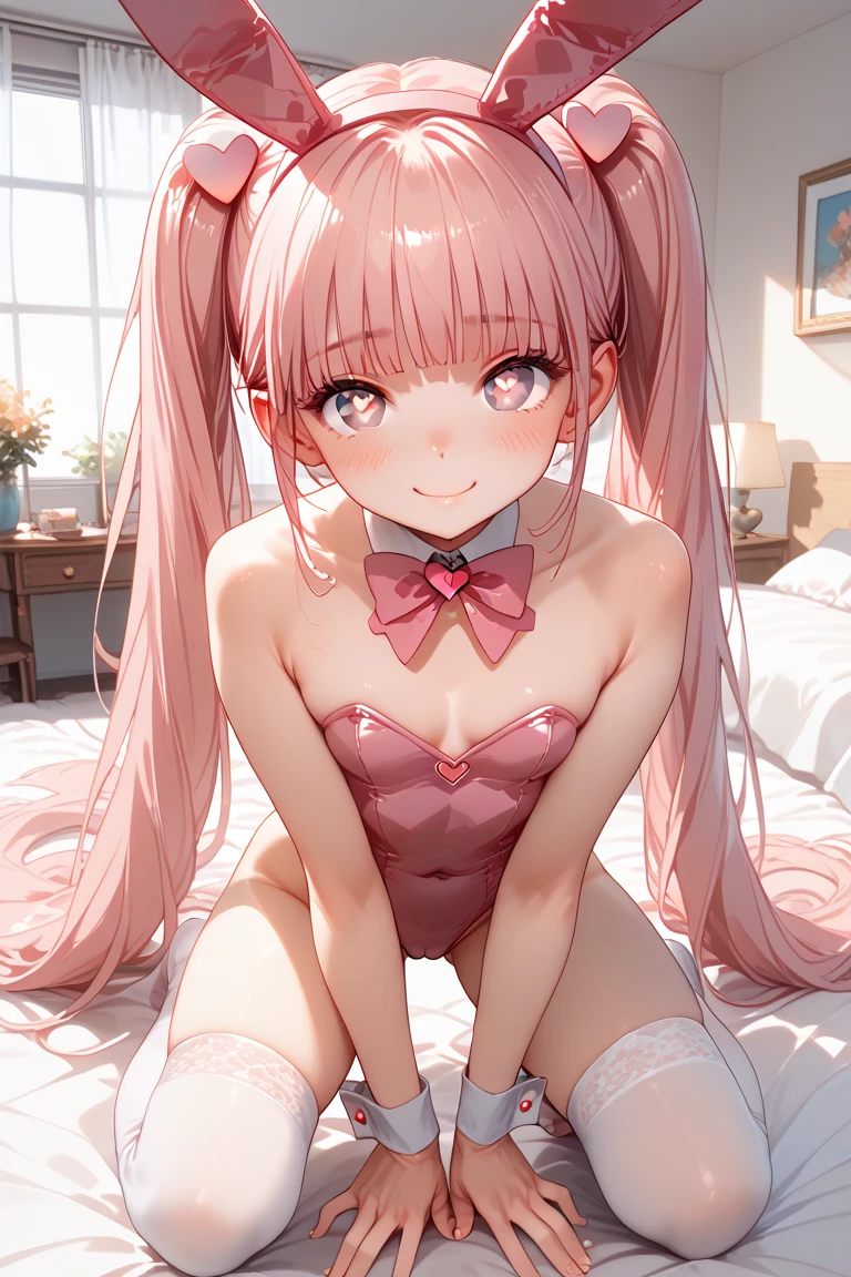 score_9,score_8_up,score_7_up,masterpiece, top quality, best quality, official art, beautiful and aesthetic, animation, , 1girl with cat ear, perfect figure, pink hair, complicated details, bedroom, standing, bunny outfit, pink rabbit ears, white rabbit tail, long pink hair ,