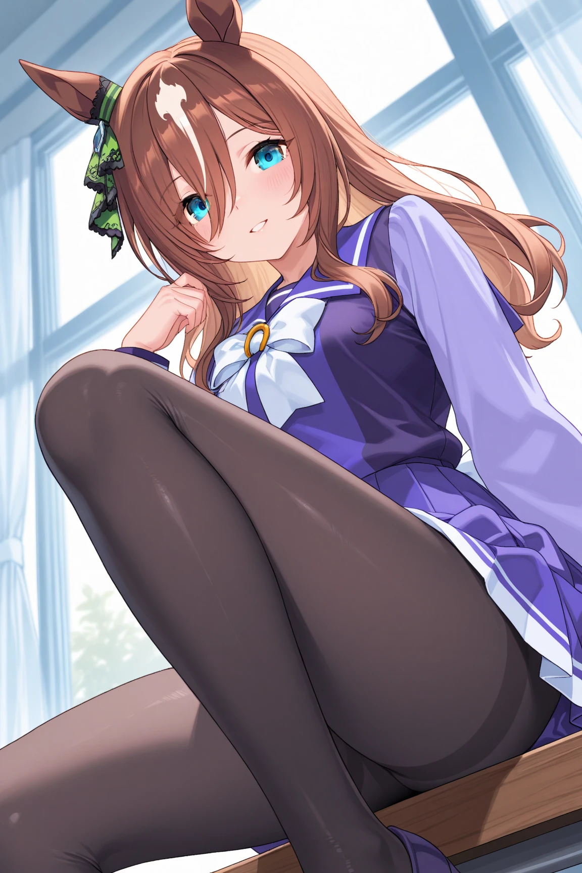 brown eyes,long hair,clover hair ornament,ahoge,blue jacket,white dress, long sleeves,green bow, black thighhighs,sneakers,amamiya mimori, on bed, panties, knees up,