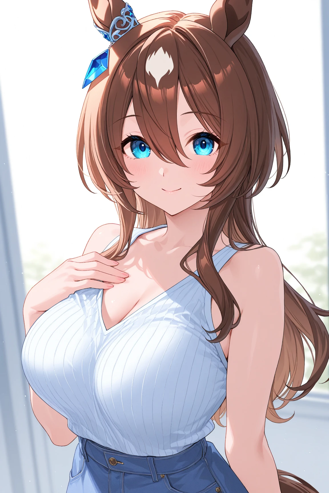 ((masterpiece, best quality, highres, UHD, perfect pixel, depth of field, 4k, RTX, HDR))), 1girl, single, solo, beautiful anime girl, beautiful artstyle, anime character, ((very long hair, bangs, light brown hair, curly hair:1.2,twintails)), ((Light blue eyes:1.4, rounded eyes,Shining eyes Beautiful eyelashes, realistic eyes)), ((detailed face, blushing:1.2)), ((smooth texture:0.75, realistic texture:0.65, photorealistic:1.1, anime CG style)), large breasts, dynamic angle, perfect body, ((POV, dynamic pose, portrait)), (( white Tshirt:1.2, black skirt, plaid skirt、puffy nipples)), smile, open mouth, A blanket of snow:1.6、Trees covered with snow、(Off the shoulder:1.3)、Glowing Skin、midriff peek、pink Lip、View your viewers
