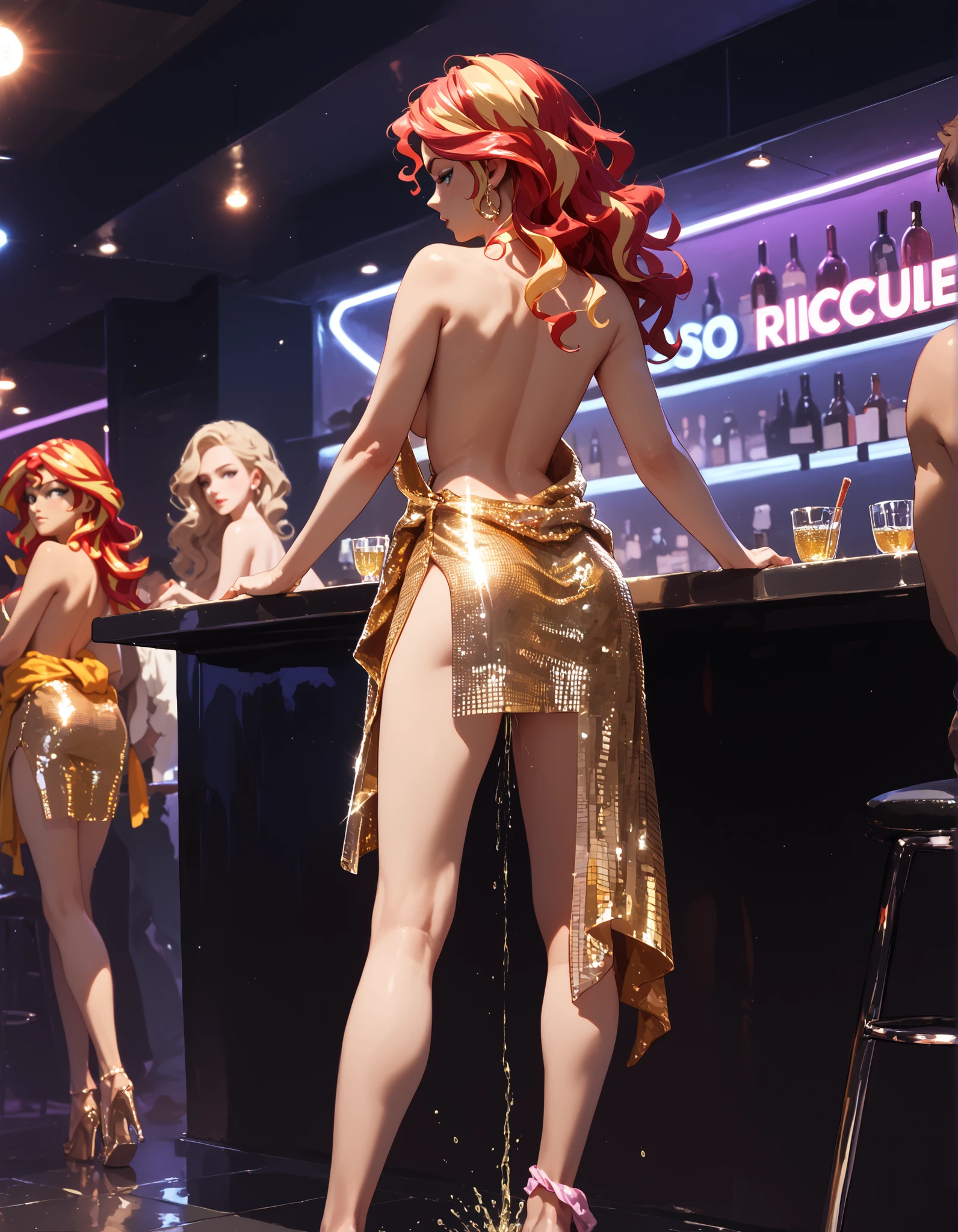 sunset shimmer, disco dress, wavy hair, in a nightclub, night, wide stance, from behind view, topless, dress around waist, panties around ankle, peeing, stream of urine