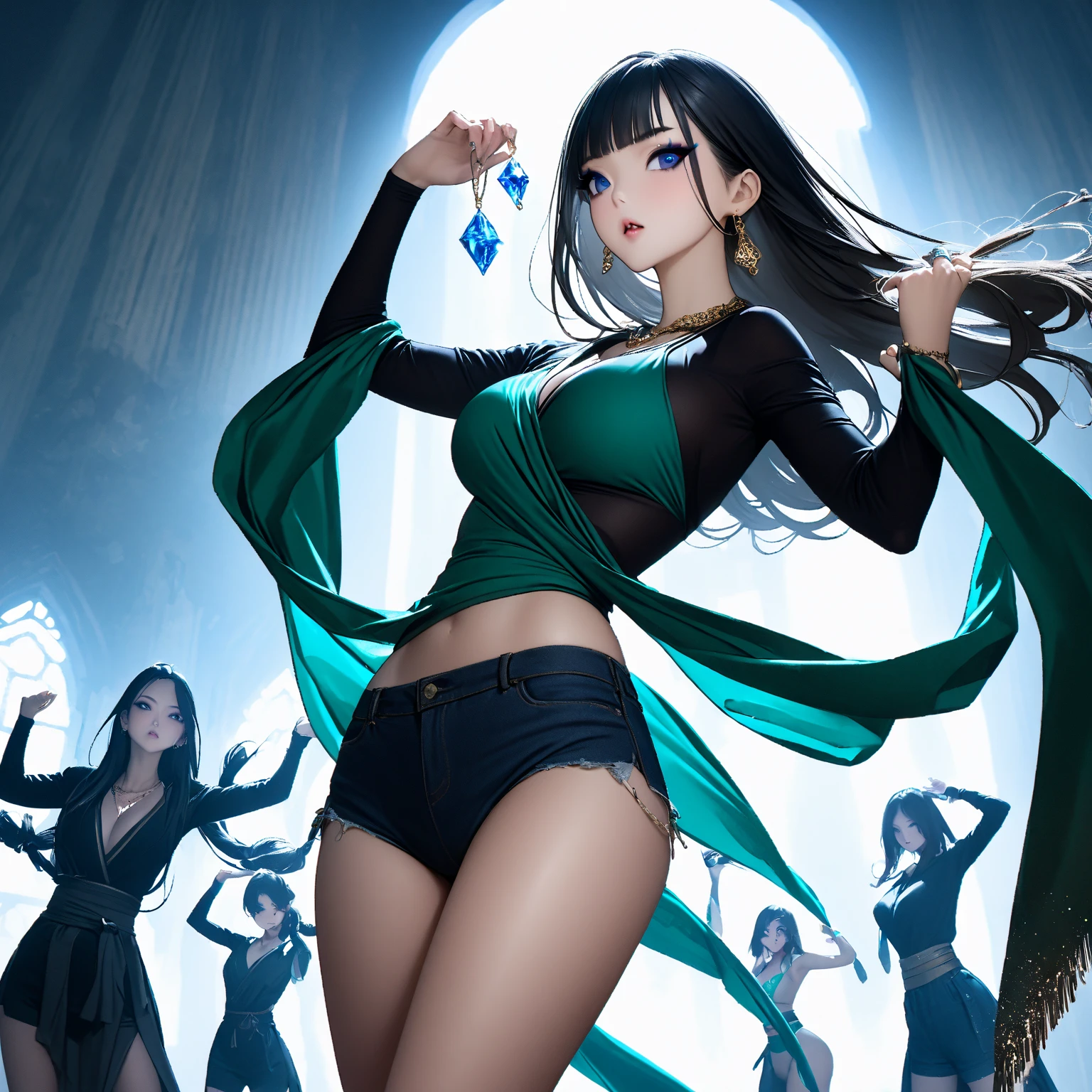 8k, Beautiful Woman, Full Body, Long Hair, Straight Hair, Very Black Hair, Golden Headband, Lots of Jewelry All Over The Body, Green Eyes, Elegant Short Dress, Two Bare Legs, Two Bare Arms, Wide Neckline, Green Heels, Walking On Runway, Smiling