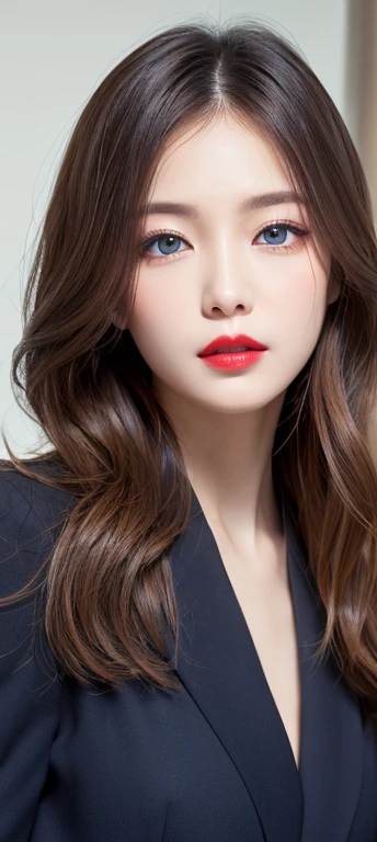 (best quality,8k,High resolution,masterpiece:1.2),Digital artwork,a stylish lady,Beautiful adult woman,Thirty years,portrait,Detailed face,delicate eyes,long curly hair,side swept bangs,blue eyes,red lips,Stylish sling,Sheer dress,see through dress,8k分辨率,