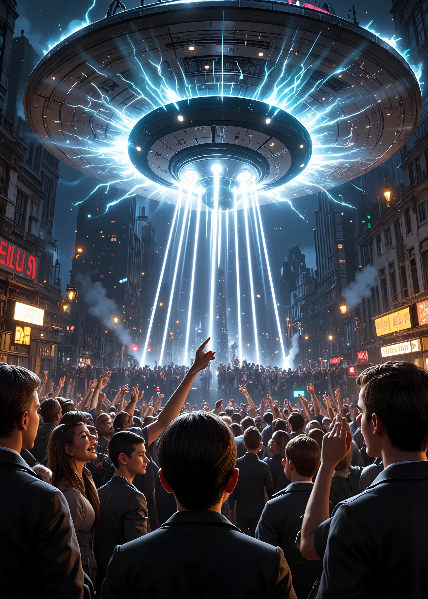 UFO that appeared in the sky above New York in the early 1900s、レーザー光線でpeople々UFO attacking、people々looks up at UFO sky、驚くpeopleびとが指をさす、fear、panic