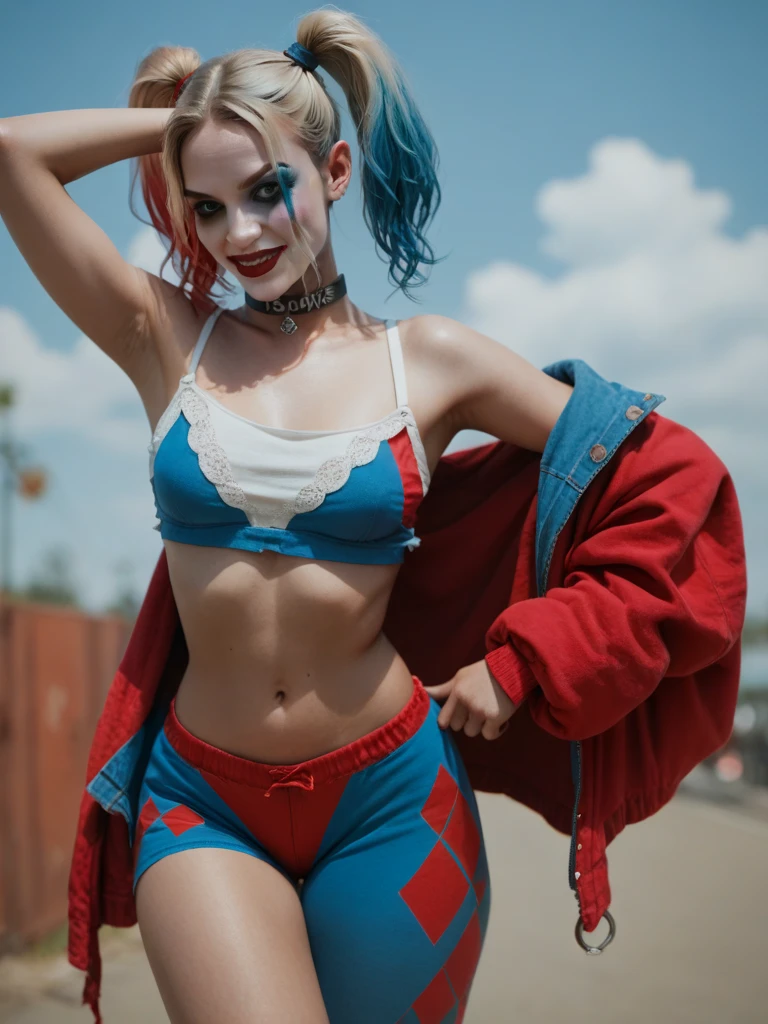 . Movie scene of harley quinn shot on 35mm film. exaggerated manic delighted expression. sharp crisp detail. excited. wide eyes. intense. stark lighting. 21 years old. wide shot. long hair. attractive. backlit
