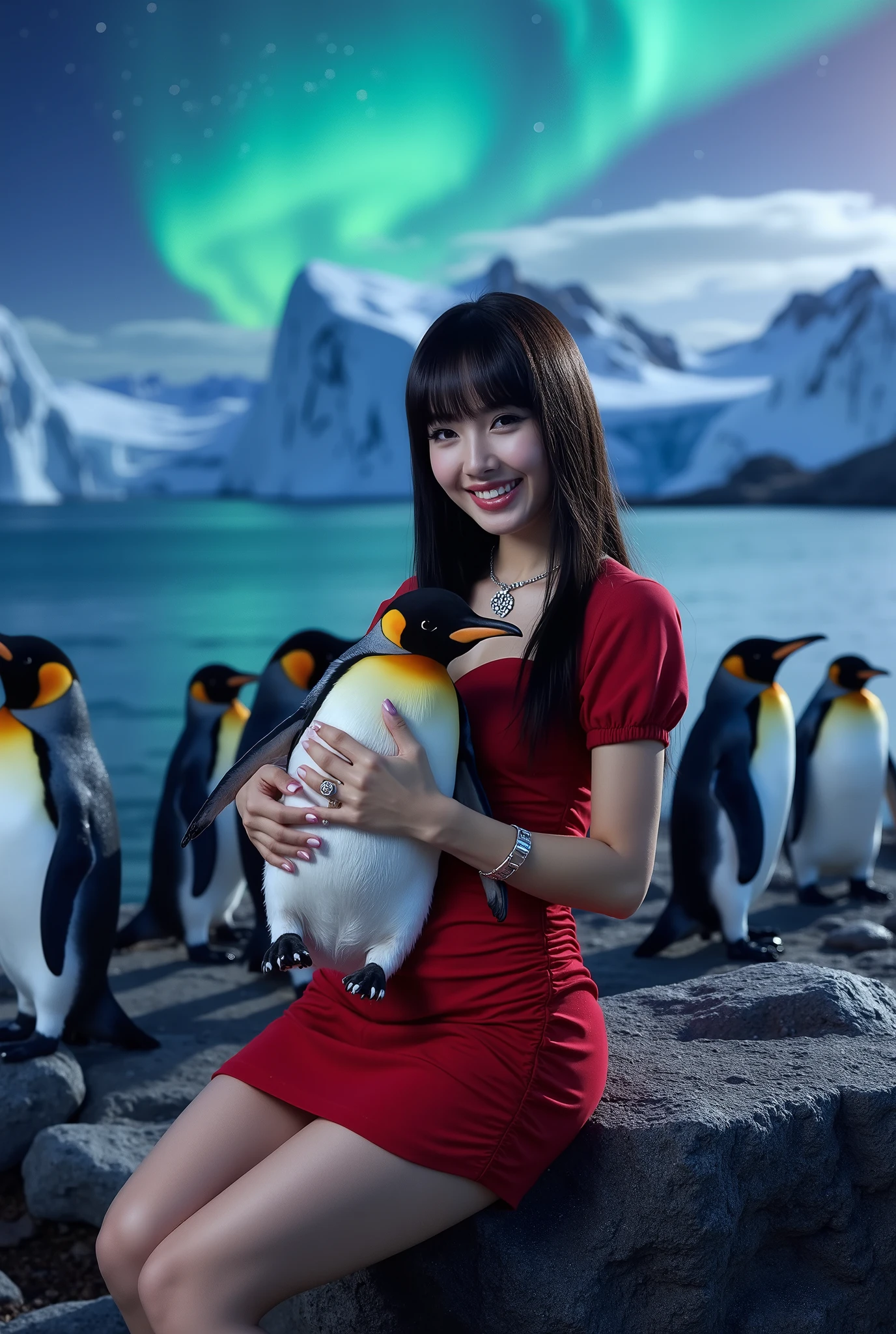 Create a portrait of a stunning Japanese female singer. She has a slender physique, small breasts, and thin legs. Her long hair features bangs, and she wears a red Gothic-style mini dress complemented by Gothic makeup. The scene captures her smiling while holding a baby penguin beside adult penguins, all illuminated by a spotlight. The background showcases majestic Antarctic icebergs and a vibrant aurora. The angle should be dynamic to enhance the visual impact.