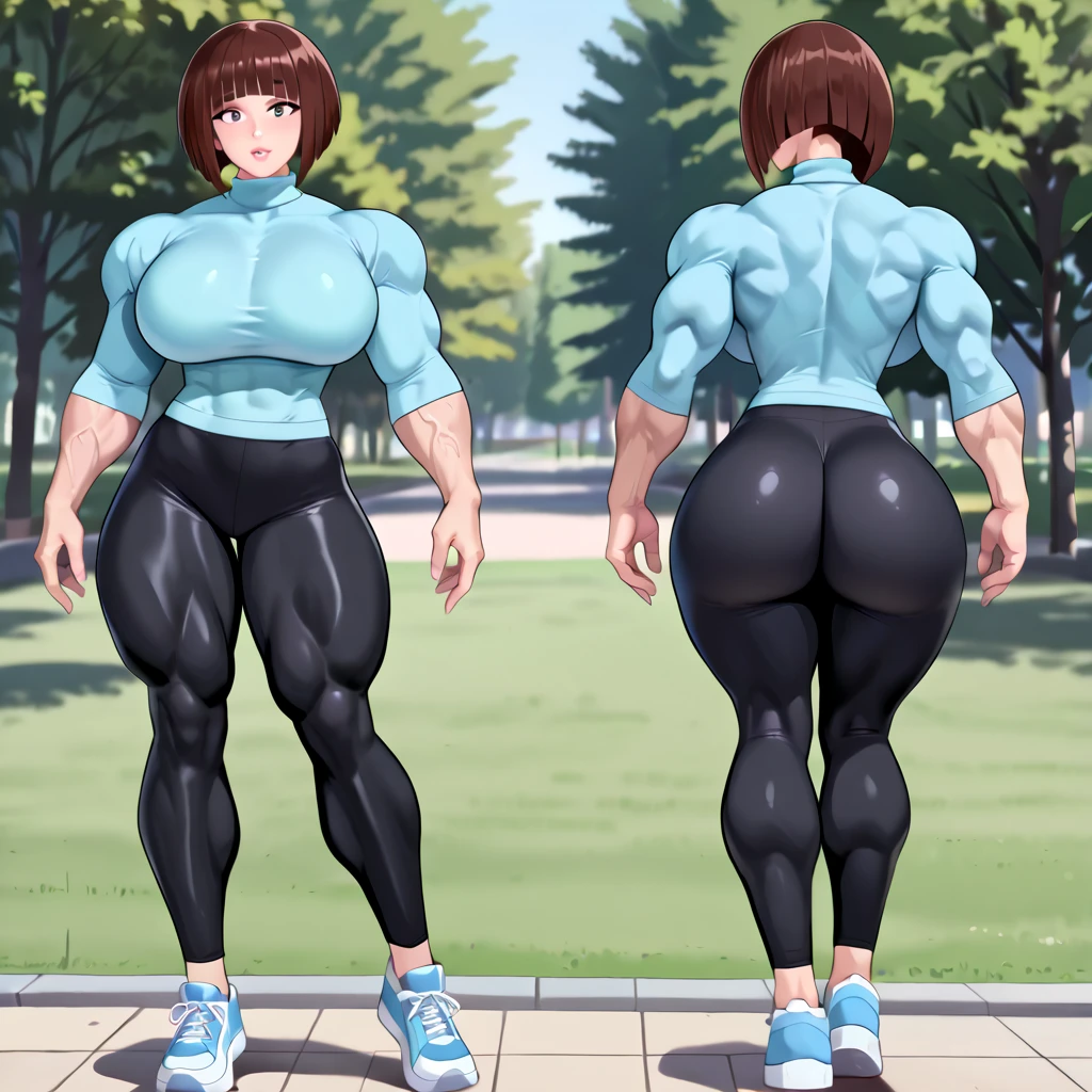 Tomo takino, medium black hair, t-shirt, blue tight leggings , slender figure, medium breasts, standing, view from behind, thong, tight ass cheeks, thighs, sneakers, checking out her ass, panoramic view, lewd look, cum fluid on tight leggings, yoga poses, legs spreading, cameltoe in view, Ecchi, hentai, lewd, Nsfw,