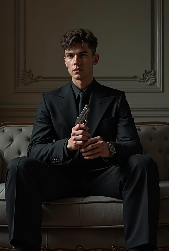 ((best quality)), ((masterpiece)), (detailed), perfect faceA fit handsome rich white boy in suit and gold locket in neck . Holding a advanced gun in hand