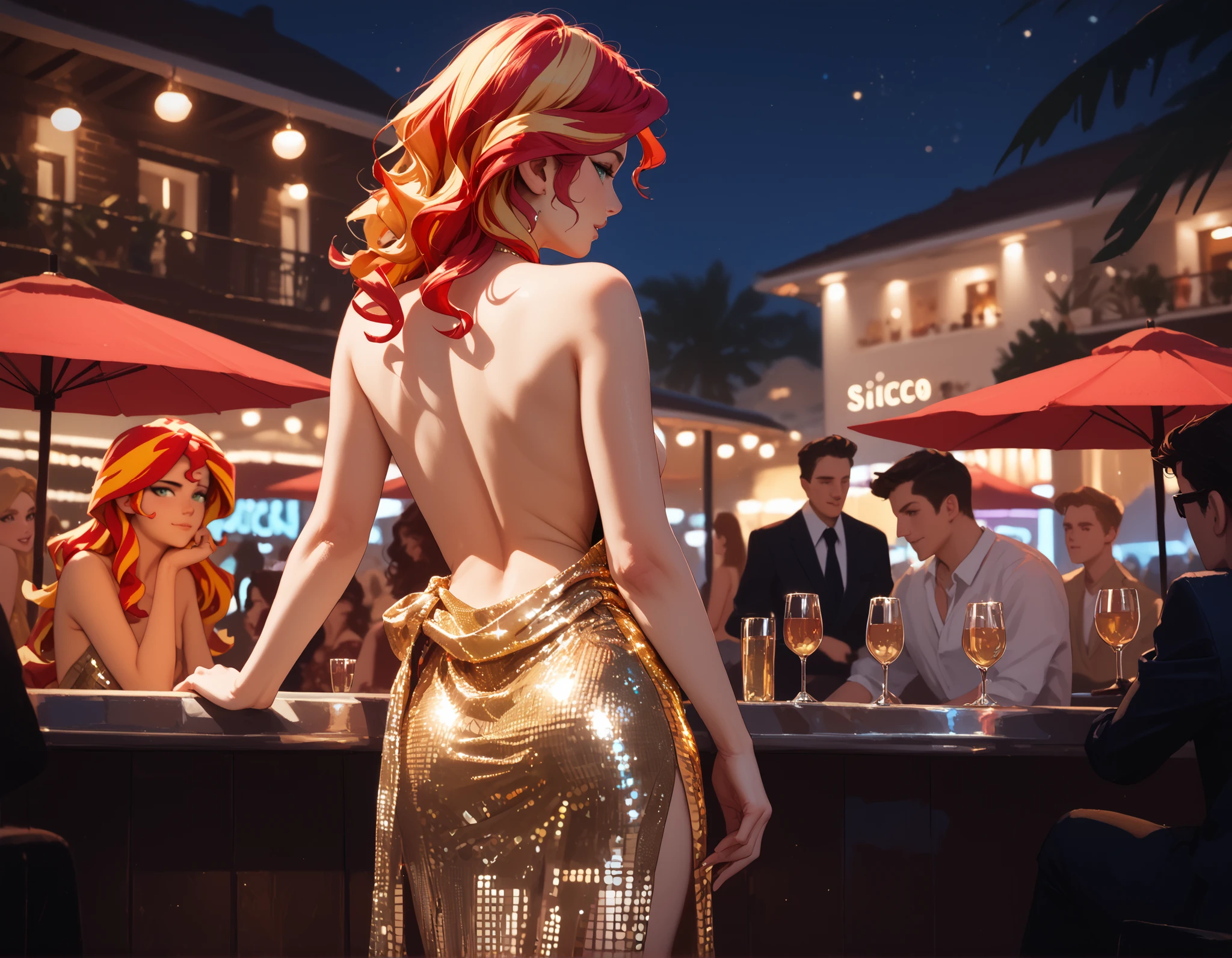 sunset shimmer, disco dress, wavy hair, in a nightclub, night, from behind view, topless, dress around waist