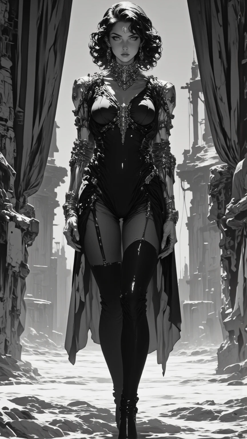 sketch of a silhouette of a woman, half-dressed, rear view, full length