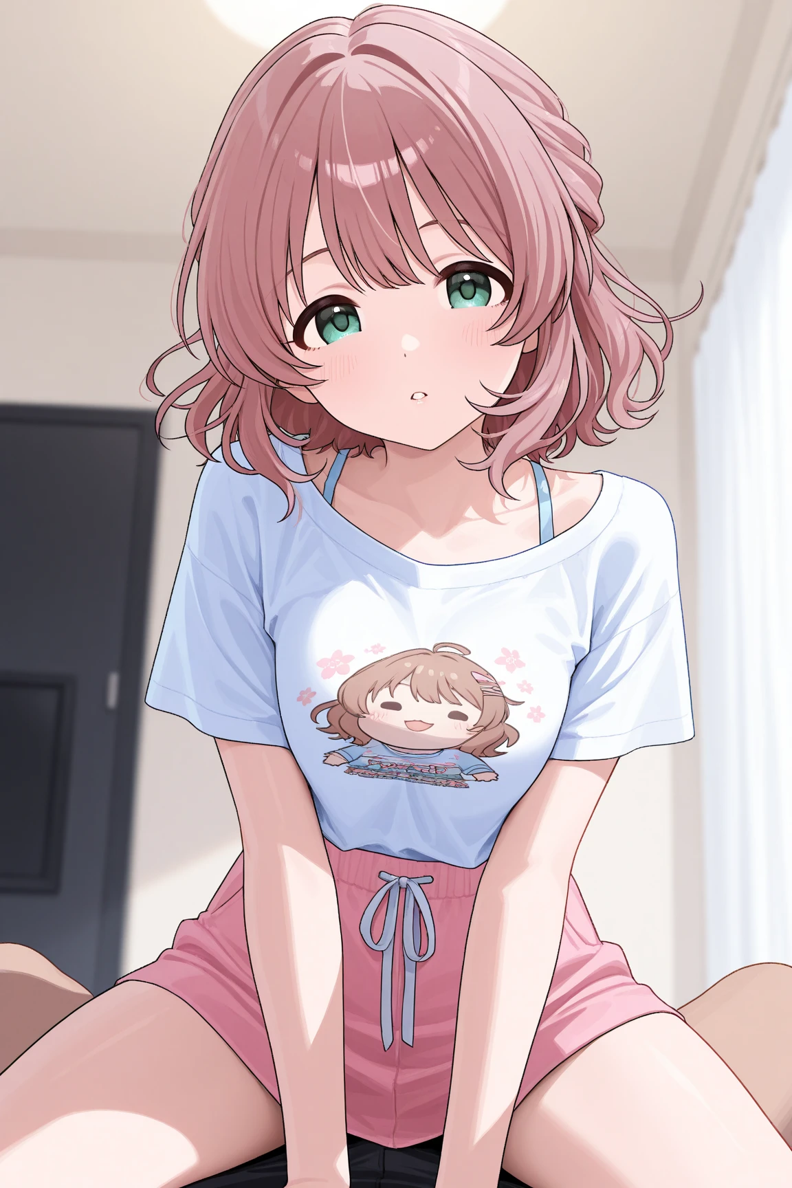 Very detailed、(8k, RAW Photos, highest quality, masterpiece:1.2), (Very detailed 8k wallpaper),shape、Professional Lighting,Sharp focus, Written boundary depth、
Browsing Caution、Clear Eyes、Perfect Anatomy、With a girl、、Cute girl、、、Chibi T-shirt、Micro Mini Skirt、、(blush:1.5),、imminent kiss,Her plump thighs are in full view、、(White panties:1.3)、bed