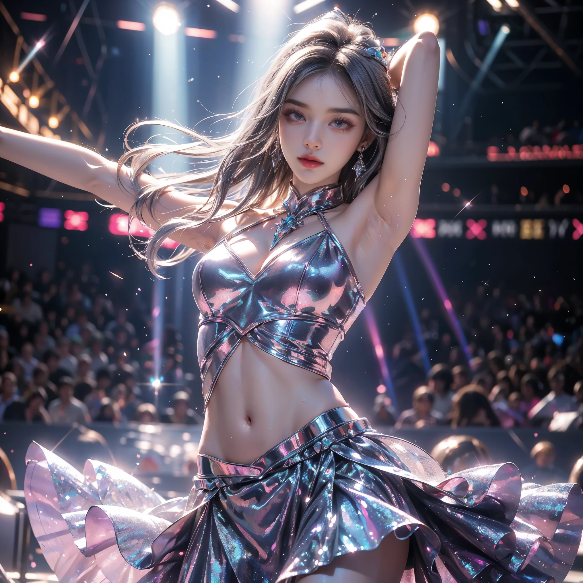 best quality, 8k, highly detailed face and skin texture, high resolution, huge tits japanese girl in glitter costume dancing on stage, with neon light, under the light, sharp focus