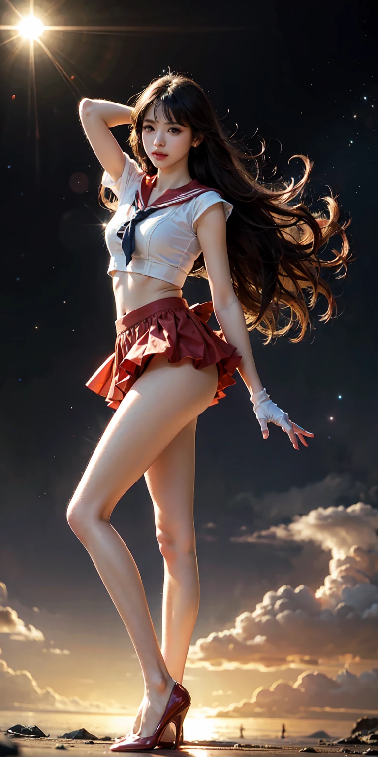 (masterpiece), of the best quality, of the best quality, Highly Detailed CG Unity 8K Wallpaper, Elaborate and Intricate, 1 Female, ( chibi, change:1.2), solo, look at the person watching, black hair, long hair
BREAK
sama1, tiara, Sailor Warrior Uniform, See-Through Ear Covers, red sailor color, red skirt,  Wind Lift , panties, camel toes, long gloves, full body, long legs
BREAK
cosmic background