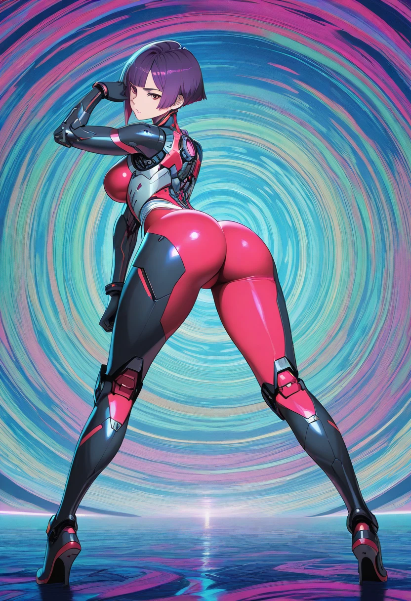 girl, tomato colored hair,red eyes,short bob, (Ultra Girl :1.0), ultraman bodysuit, butt,Rear view