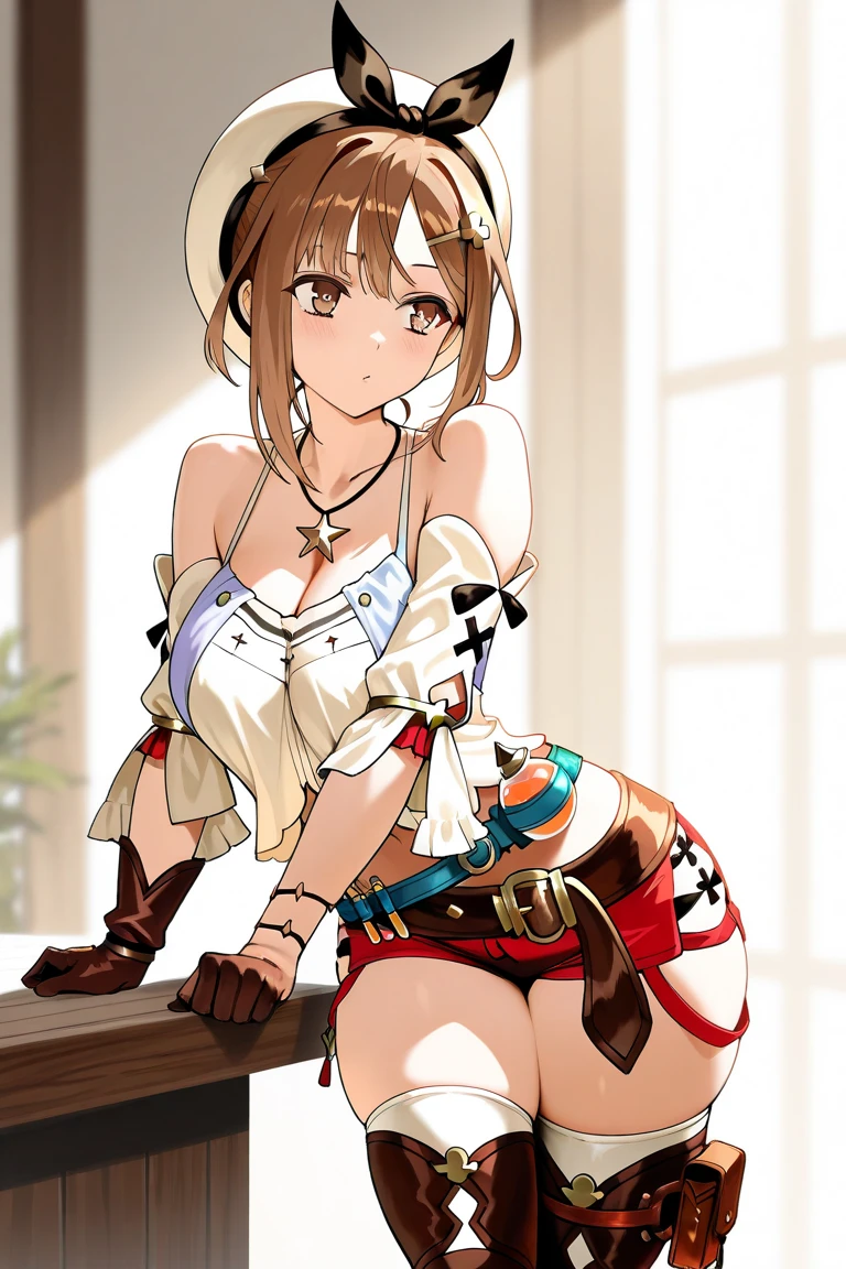 I can see her black underwear, Nipples are slightly visible, valley, , small breast, kawaii, 1 girl, ryza, atelier, alchemist, white beret, red short pants, over knee boots, Embarrassed face, sweat, see throw,