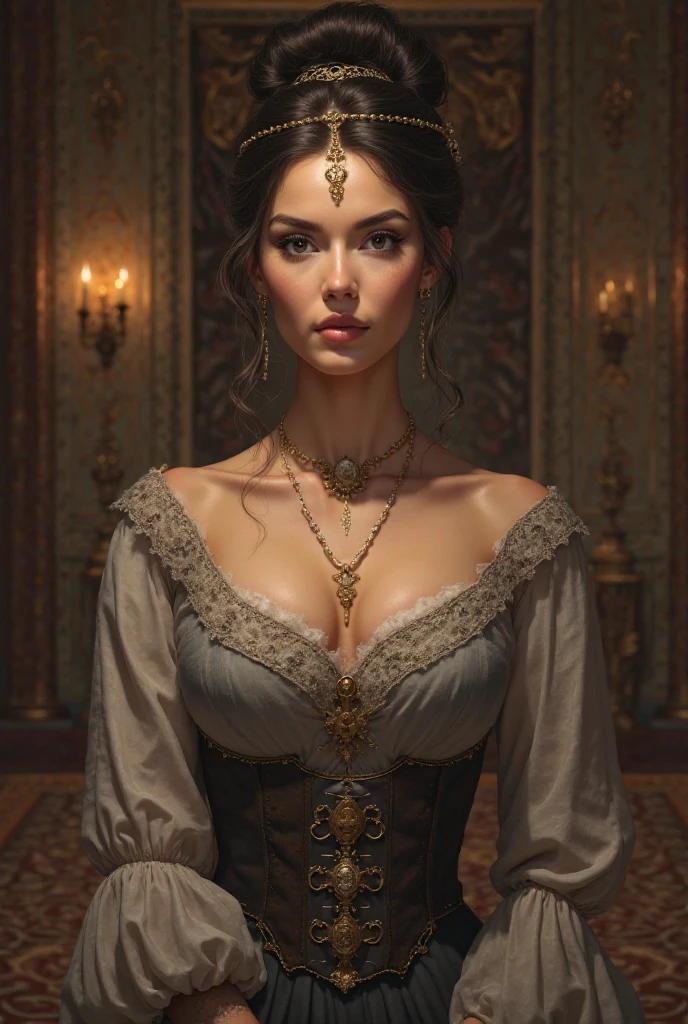 A dark and atmospheric oil painting featuring a stunning Victorian-era woman. She wears an elaborate, high-necked gown adorned with lace and intricate embroidery. Her expression is mysterious, with beautiful eyes that hint at hidden secrets. The setting is a dimly lit, gothic interior, with heavy velvet drapes, a grand fireplace, and an ornate, antique mirror reflecting the flickering light of a candelabrum. Shadows loom in the corners, and the air seems thick with an otherworldly presence, giving the scene an occult and eerie feel. ((Revelating Big boobs)), sexy, detailed face 