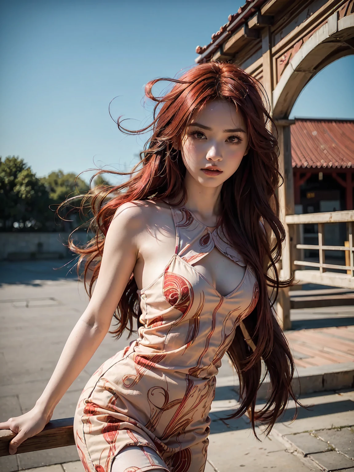 Female Fire Mage,Red and blonde curls,Sheer tulle dress,red color eyes,Enchanted expression,A desert,Fantasyart,detail-rich,电影灯光,low angle shot, SLR camera,(Very detailed, reasonable design, Clear lines, High sharpness,Best quality, Masterpiece, 4K:1.2 )real photograph