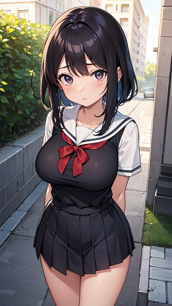 ((top-quality、8K、​masterpiece:1.3))、女の子1人、In a town where many people walk、Slender Abs、sofas、hyperdetailed face、A detailed eye、二重まぶた、非常にlarge full breasts、large full breasts、Colossal tits、Neat and clean schoolgirl、black hair shorthair、Straight bob hair、Shorthair with bangs、A smile、Schoolgirl Uniform、Low female genitals visible through the skirt、An 18-year-old woman、Sheer white shirt、Unbutton and unfold the shirt、Exposing breasts、Navy blue ribbon at the collar、Dark blue pleated micro mini、Sexy、Peek at the viewer、Beautiful graphics、Bright and sunny main street、There are a lot of people、Show me your whole body、beautiful legal body photos、is standing、No bra、teats see through、The shape of your nipples is noticeable even under your shirt.、No panties、No panties、Detailed female genital shape pantyhose missing、(Facing the front)(((Blushing cheeks、embarassed expression)),(((The skirt is rolled up by the wind)))、Showing female genitalia、、Background depth of field、Please choose one&#39;skirt in the crowd、Men behind、Grabbed by a man、Chest grabbing、Dirty crest on the abdomen、pink heart-shaped tattoo on abdomen、open open mouth、Stick out the tongue、ahe face、peeing herself