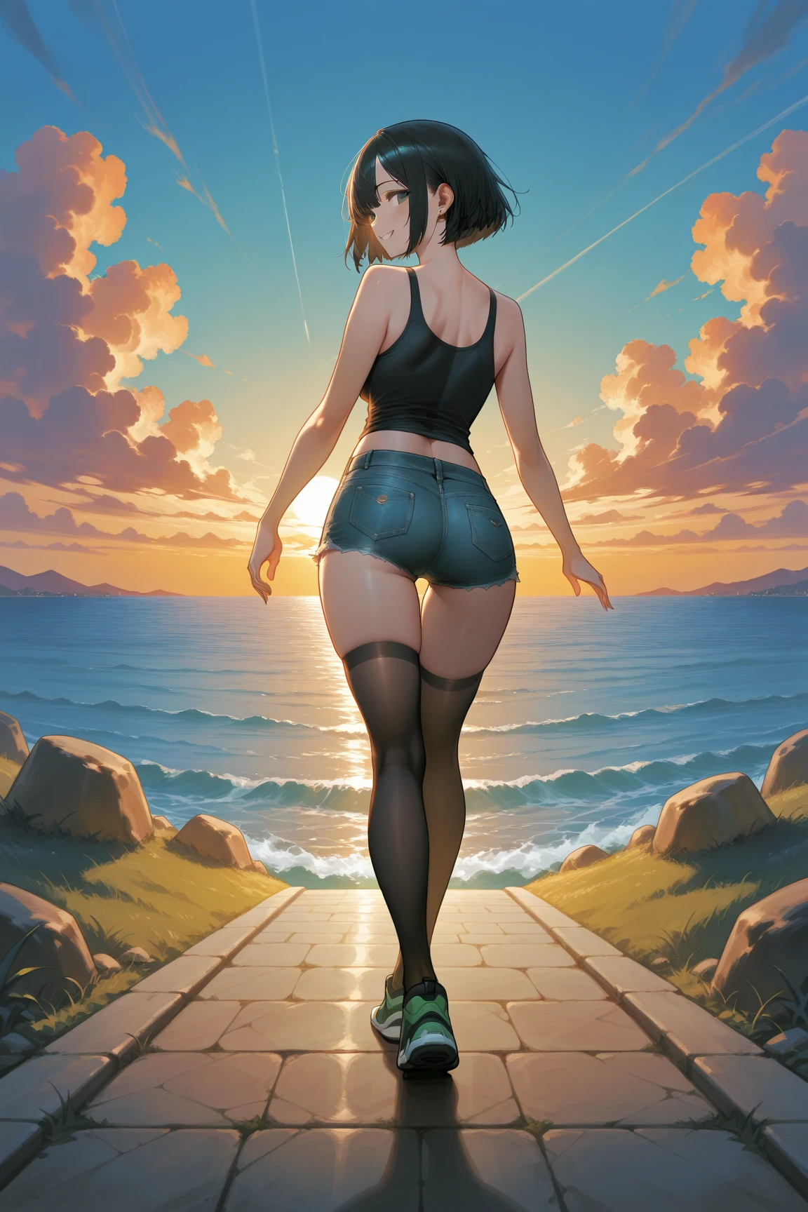 (big ass), SFW, (short ((white hair))), (black bikini), curvy, hourglass figure, thin waist, tall legs, small breasts, tall girl, slim figure, slim girl, long legs, thin legs, wide hips, slim proportions, huge ass, curvy ass, firm ass