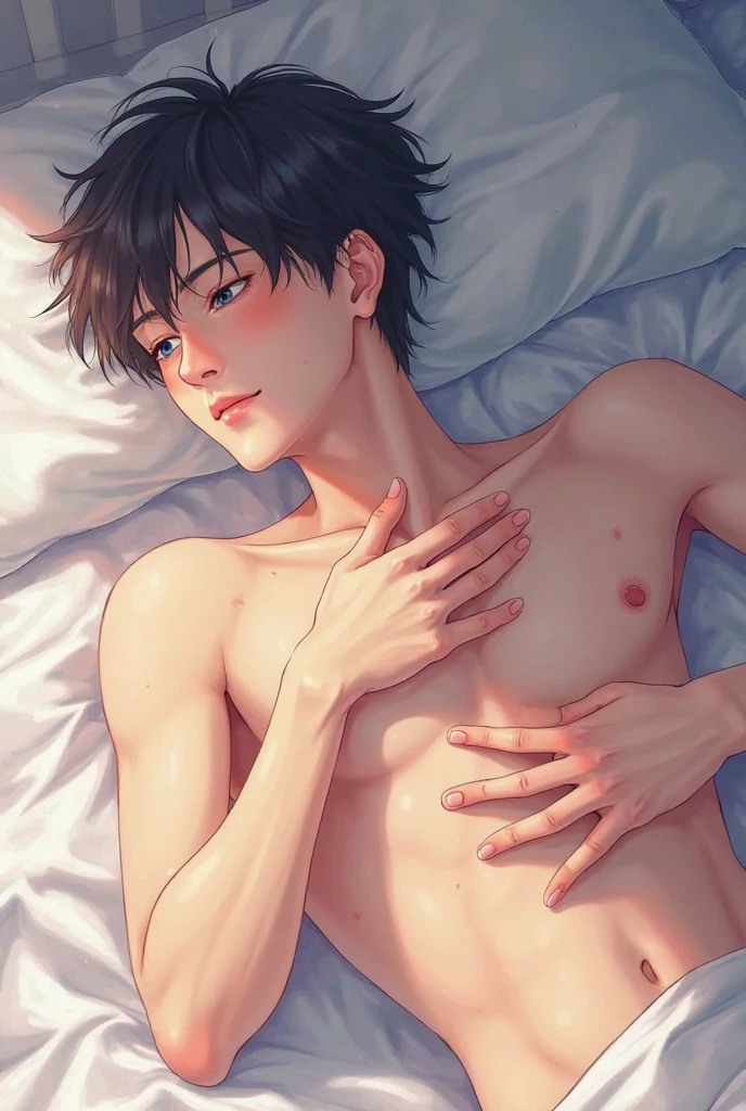 Boy sleeping on his back on the bed(16 years old、Levi Ackerman)、Sleep、Black Hair、T-Shirts(white)、See-through nipples、boxer shorts(gray)、between legs(bulge、erection)、Sweat、Humidity、tears、hot、blush、orgasm