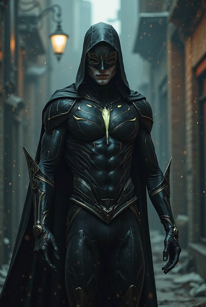 Make a image of a black superhero suit with a cape and has a snake design in the center of the suit and two small bull head statue on the shoulder of the suit and has a human face