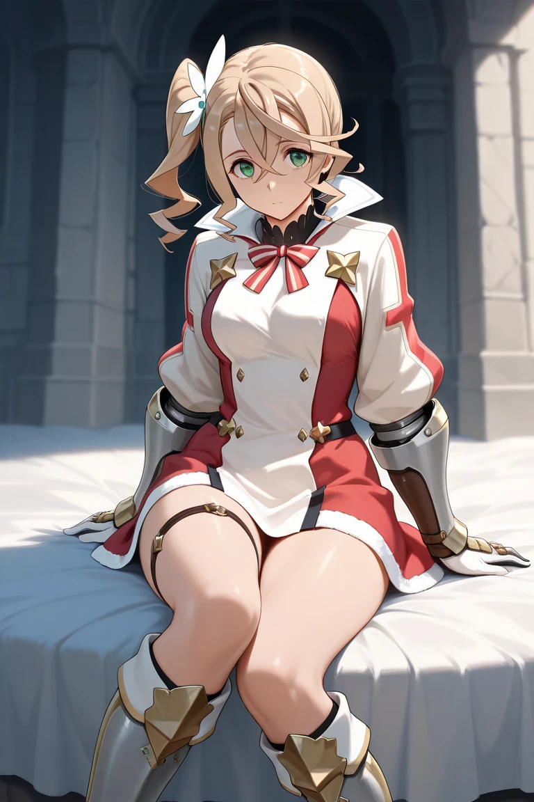 girl, flat chest, flat chest, flat chest, flat chest, flat chest, flat chest, flat breasts, slim body, brown hair, Exeter, blown hair, wavy hair, long hair, green eyes, white dress, asymmetrical legwear, asymmetrical clothes, red cape, shy, high detail, anime style, sharp image