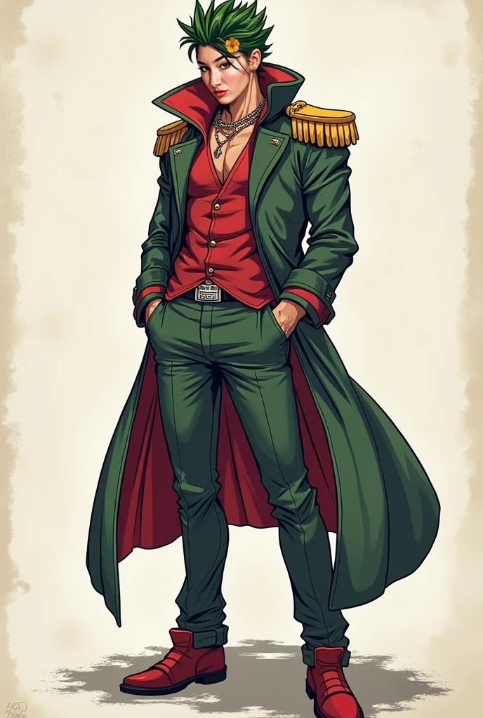 Generate an image (Whole body) of a French man with an inverted triangle body with an annoyed and serious expression, tall with purple eyes, purple star earrings, Very long and fluffy blonde hair with a hairstyle similar to Johnny Joestar&#39;s but more noticeable and bigger. A long dark green jacket not buttoned, shirtless but with two black belts forming an X on his chest, a black cargo pants and dark red shoes, a black and white belt with a black and white star in the middle as well. jojo&#39;s style.
