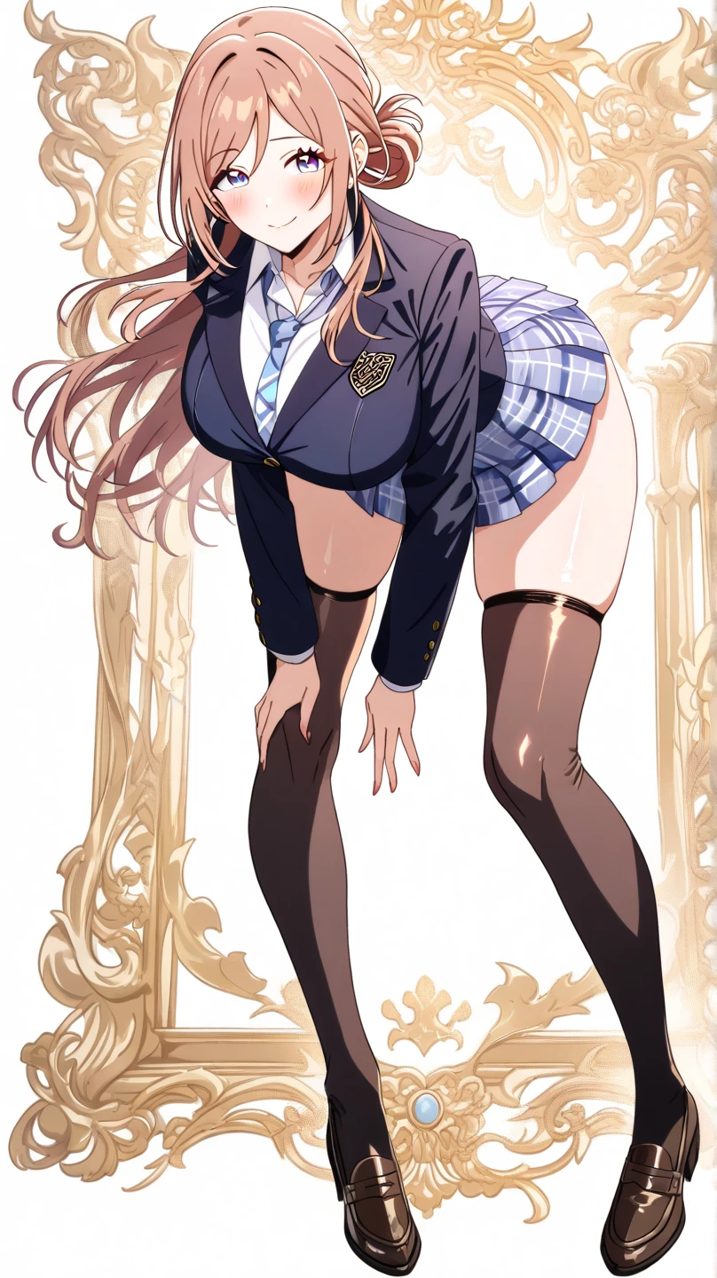 masterpiece, best quality, ultra-detailed, glistening shiny, glowing light, ray tracing, HDR, deph of field, (perfect face, detailed face, detailed eyes), 8k,HD,ultra realistic face, ray tracing, perfect lighting, best quality, ultra-detailed, High resolution, solo, 1girl, Full body, Description Girls, detail hands, Detail fingers, Detail Face, cute face, detail legs, overdetailed art, Fine details, Huge breasts, Huge ass, steam, Sweat, brown hair, long hair, wavy hair, tareme, black eyes, carvy, school, sit on chair, micro skirt, spread legs, open legs, purple underwear, evil grin, close mouth, from below, cameltoe