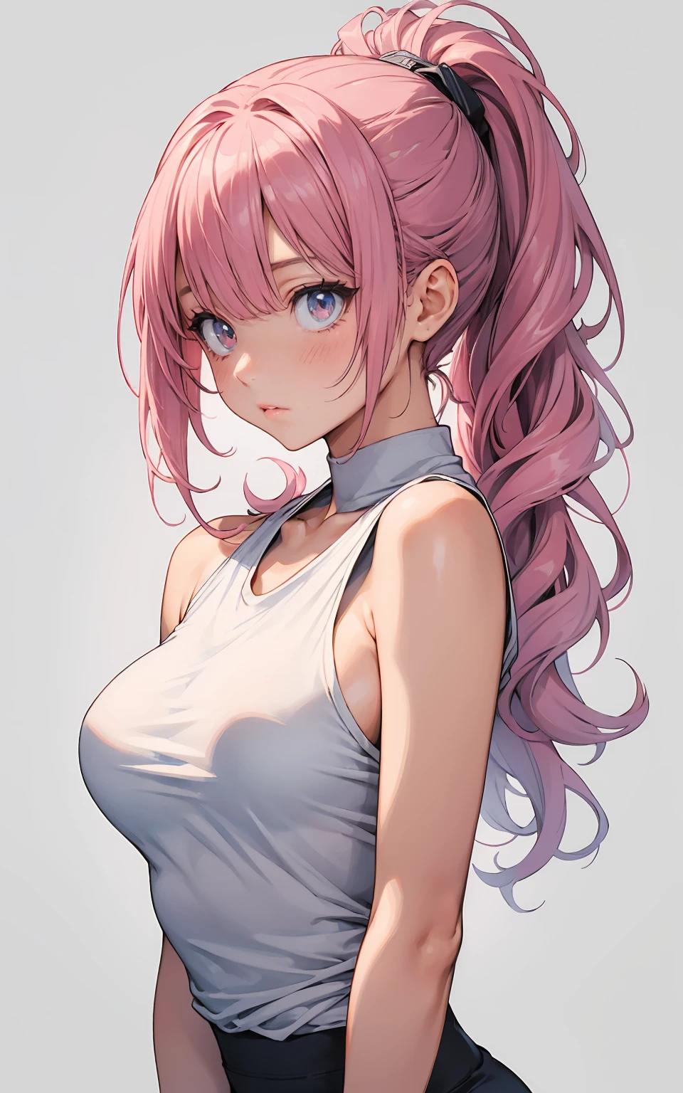 anime girl, pretty girl 25 yo, mature woman, seductive anime girl, fine details, tight shirts, crop top shirt, croptop outfit, look at camera, tight, touching her hairs , a drawing of a woman with a breast and a hand on her chest, neutral pose, various pose, beautiful detailed body and face, oppai proportions, clean anime outlines, sexy pudica pose gesture, casual pose, oppai, cell shaded adult animation, thick line art, thinking pose, female anime character