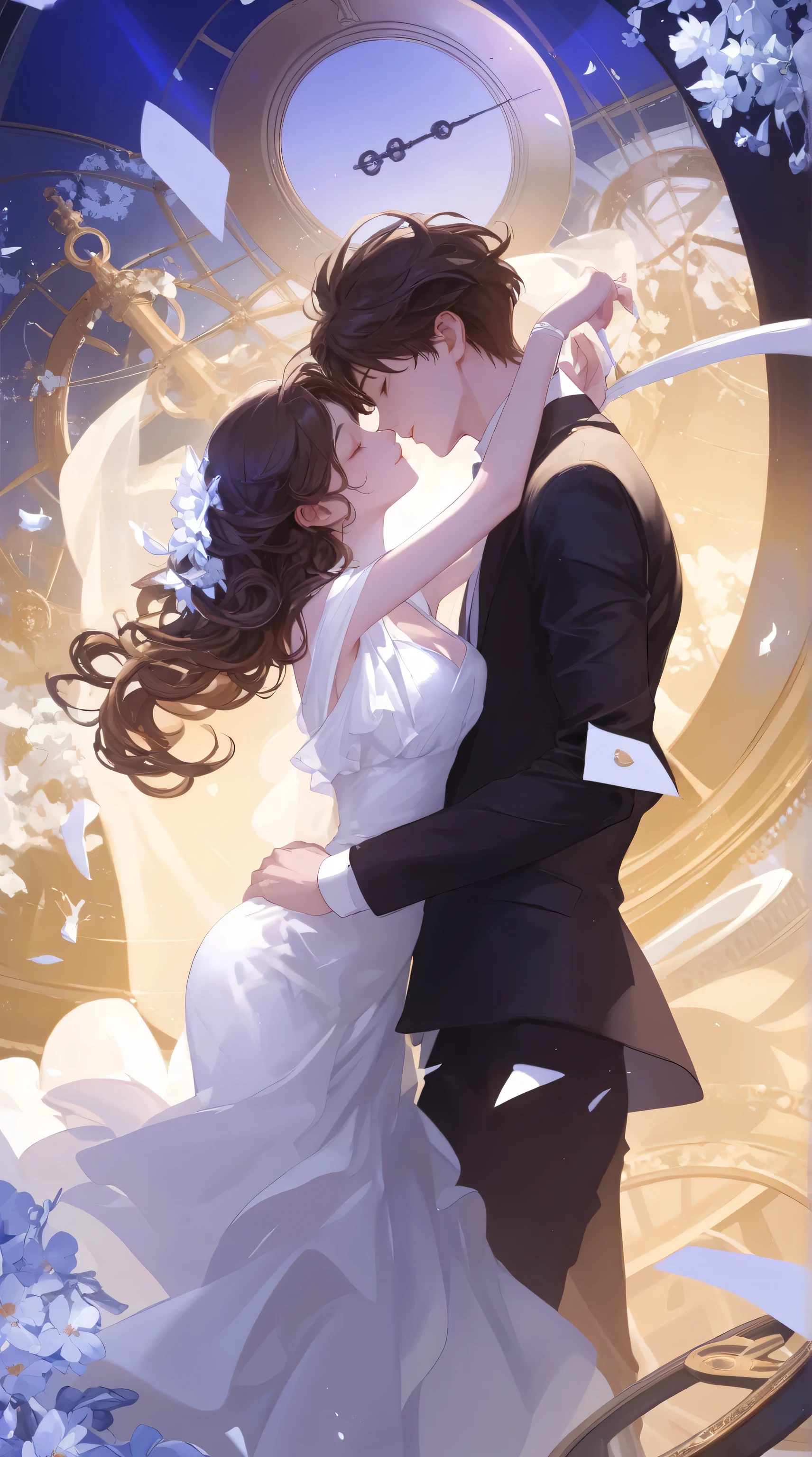 There is a man and a woman in a wonderland kissing, smiling, the girl is black long curly hair, wearing white flowing evening dress, flowing white yarn skirt, boys wearing a suit, illustrated art, two Yuan manga style, love concept art, two Yuan, cartoon, hand-painted, romantic, two yuan, illustration, manga
